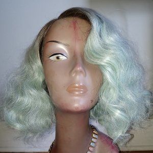 Vintage Hollywood Glam Wig- Joan 6" Bob Deep Pin Waves Aqua blue